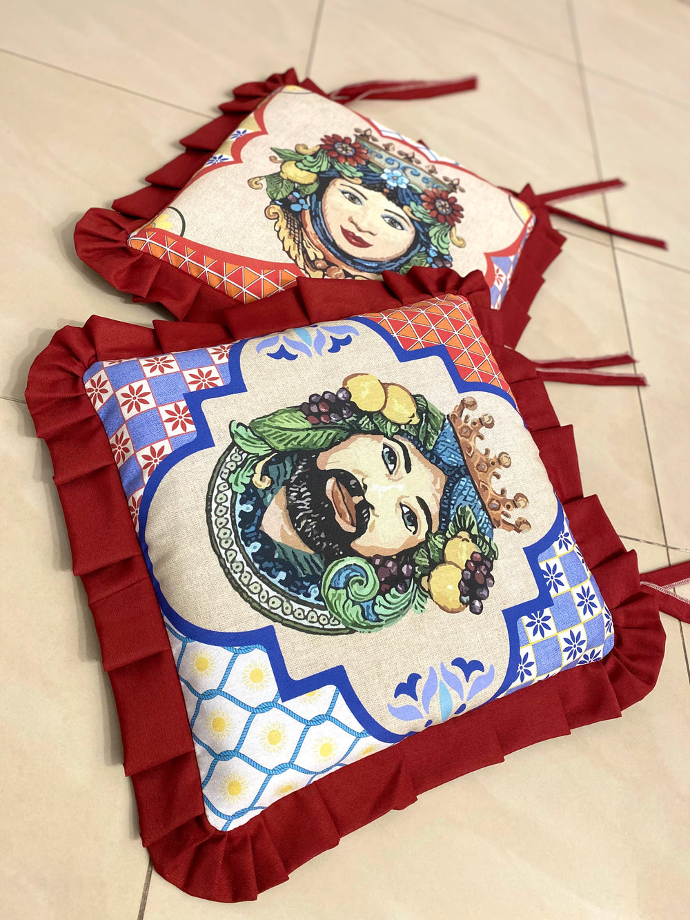 Set 6 cuscini sedia TESTE DI MORO (3 volto maschile - 3 volto femminile)