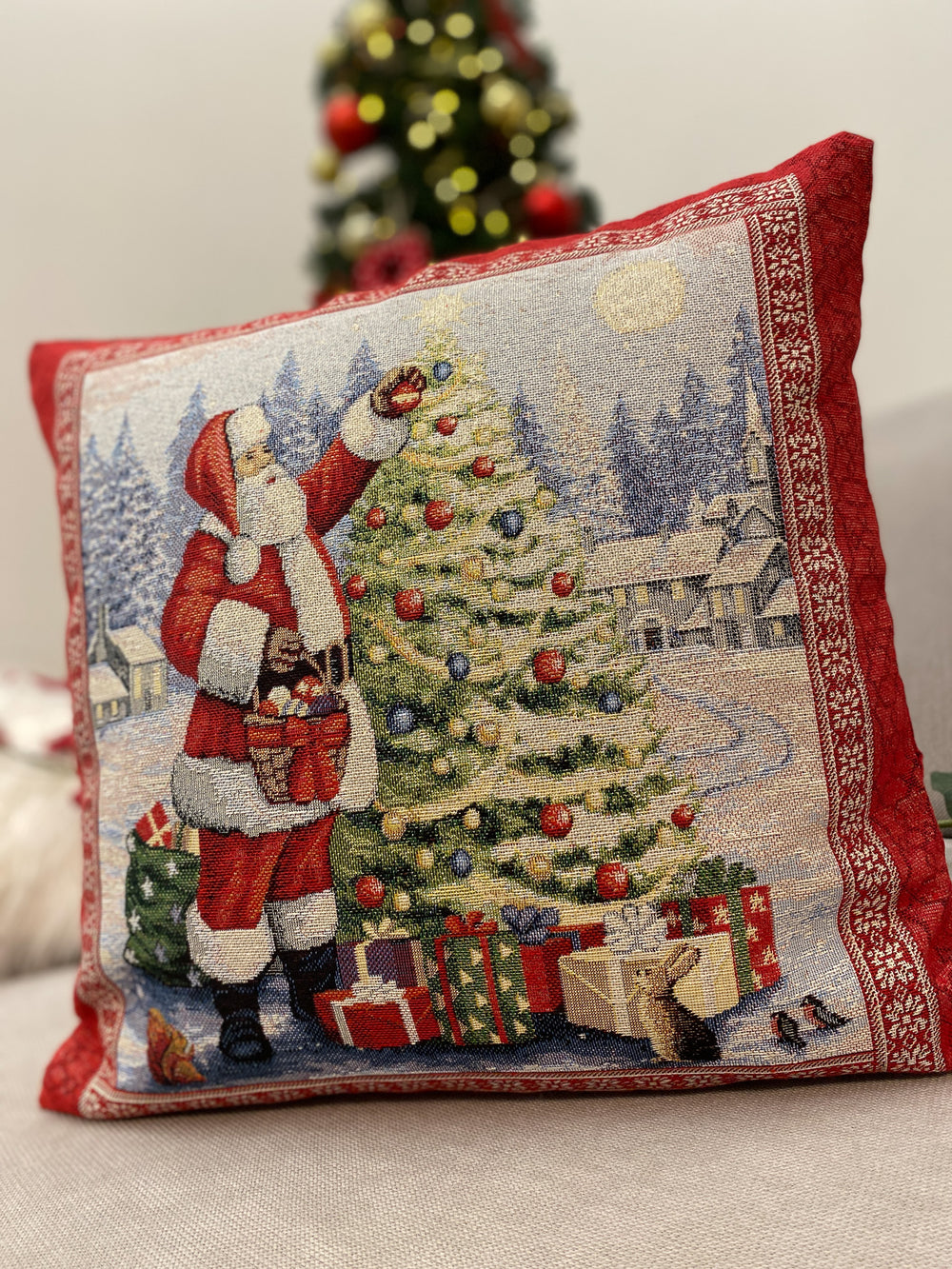 Cuscino arredo BABBO NATALE + ALBERO in gobelin