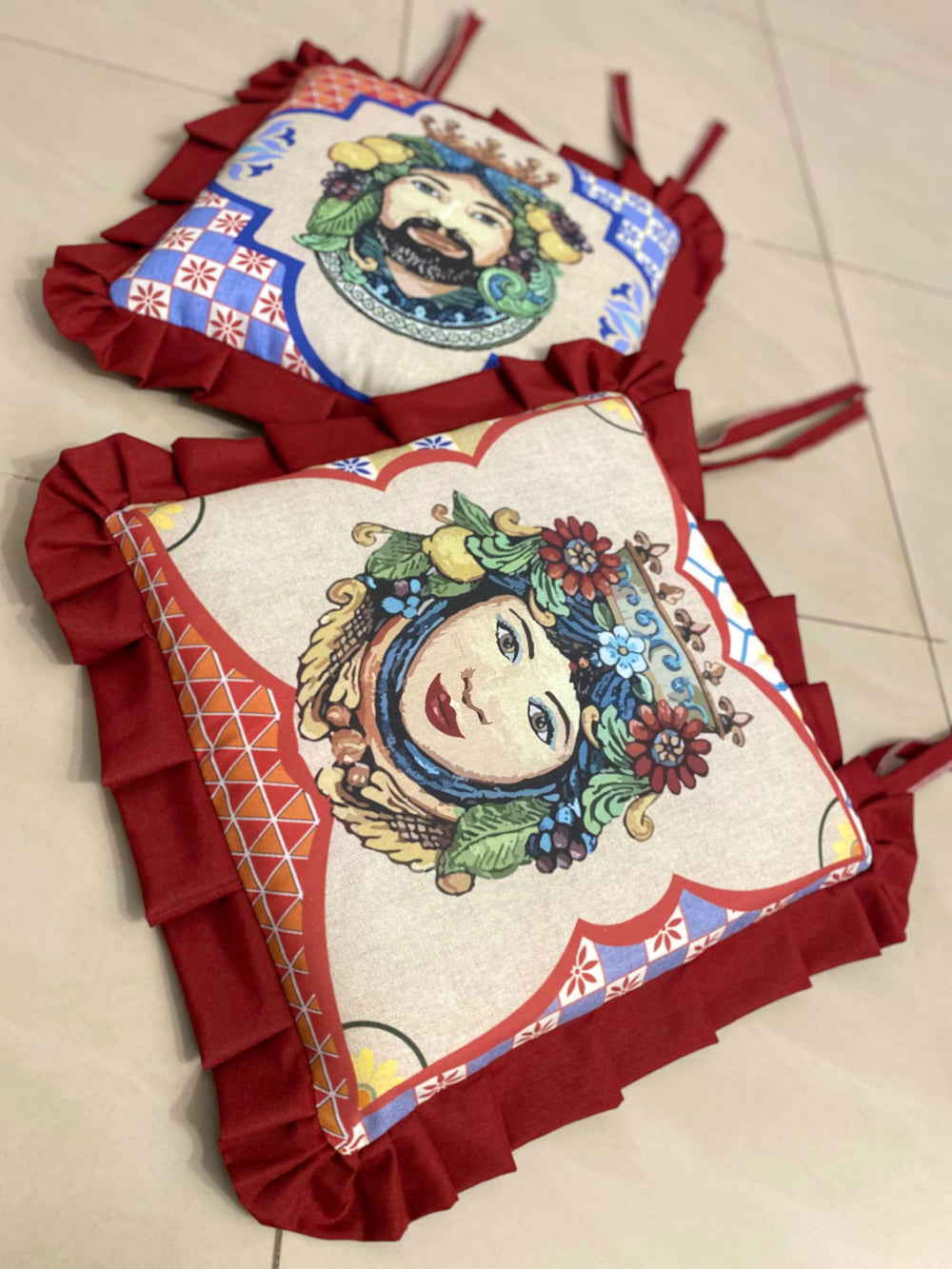 Set 6 cuscini sedia TESTE DI MORO (3 volto maschile - 3 volto femminile)