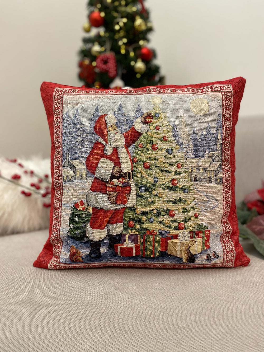 Cuscino arredo BABBO NATALE + ALBERO in gobelin