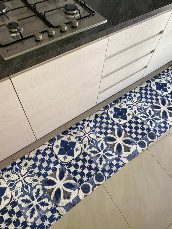 Passatoia cucina fantasia maiolica blu